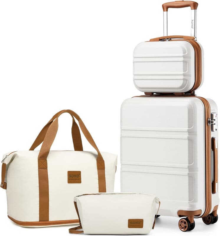Kono Leichtes ABS-Hartschalen-Handgepäck, Reisekoffer-Set mit TSA-Schloss und 3-teiligem Taschen-Set (Creme, 12 Zoll + 20 Zoll)