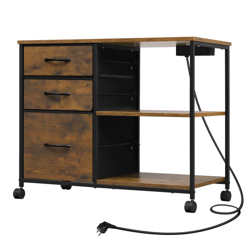 WOLTU Mobiler Aktenschrank, Metallaufbewahrung mit Rollen, Steckdosen und USB-Anschlüsse, 3-Schubladen-Organizer für Büro und Zuhause, 80x40x66 cm,