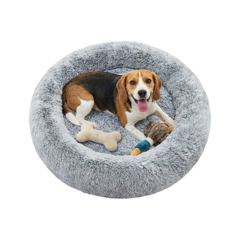 SONGMICS HOME Hundebett/Sofa im Donut-Design, herausnehmbare und waschbare Mitte, weiches Plüschmaterial, 90 cm Durchmesser, Farbverlauf in Grau