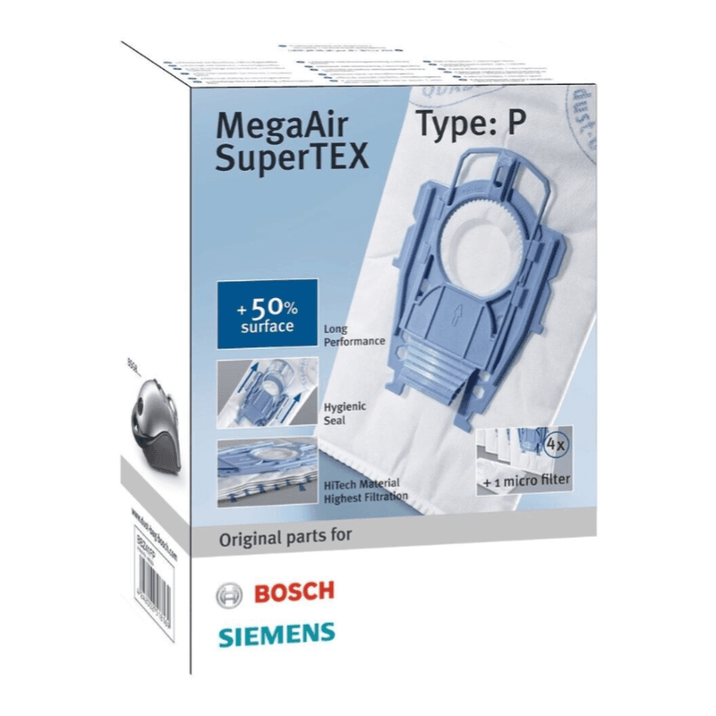 Bosch Megaair Super Tex Typ P Staubsaugerbeutel, Groß 6 L Kapazität und inklusive Mikro-Hygienefilter für den Motor - 4er Pack