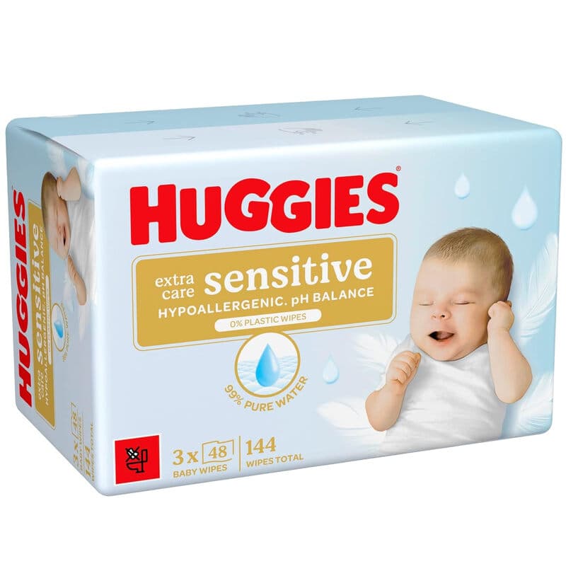 HUGGIES Pure Baby-Feuchttücher, für empfindliche Haut - 4 Packungen à (3x48 Tücher) - 99% Wasser, plastikfrei
