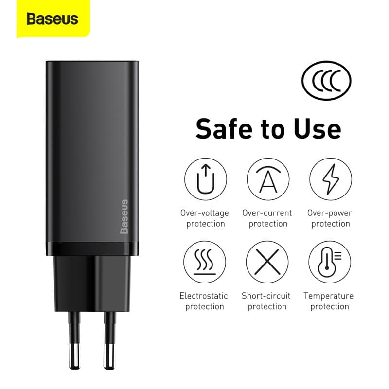 Baseus GaN2 Lite Schnellladegerät C+U 65W EU Schwarz