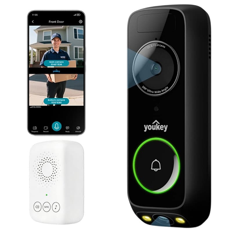 UNIVIEW Youkey DB312 Kabellose Sicherheits-Video-Türklingel mit Dual-Kamera und Chime, 2K-Farbnachtsicht, 6400-mAh-Akku, 2,4/5 GHz Wi‑Fi 6,
