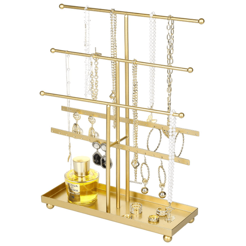 MyGift 5-stufiger Schmuckorganizer aus Goldmetall mit Ohrringhaken & Ringablage - T-Bar für knotenfreie Halsketten- und Armbandpräsentation -