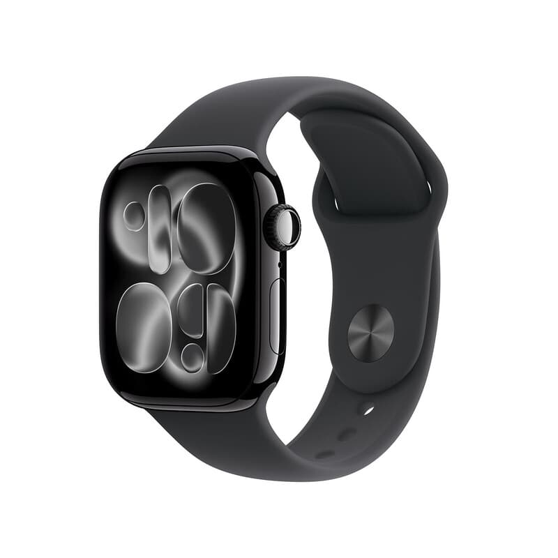 Apple Watch Series 11 GPS 42 mm, boîtier aluminium noir de jais, bracelet sport noir -S/M