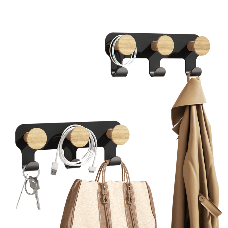 Kapanou Porte-manteau mural à 6 crochets, lot de 2, brun vintage, en bois d'hévéa, avec tringle en métal noir robuste, pour vêtements, serviettes