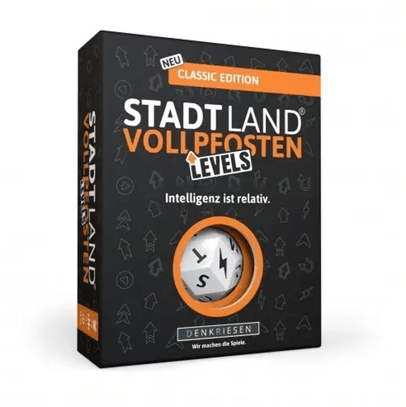DENKRIESEN - Stadt Land Vollpfosten? Levels – Klassik Edition | 60 Spielkarten und Blitzwürfel ab 12 Jahren | ca. 30 min Spielzeit für 2-6 Spieler