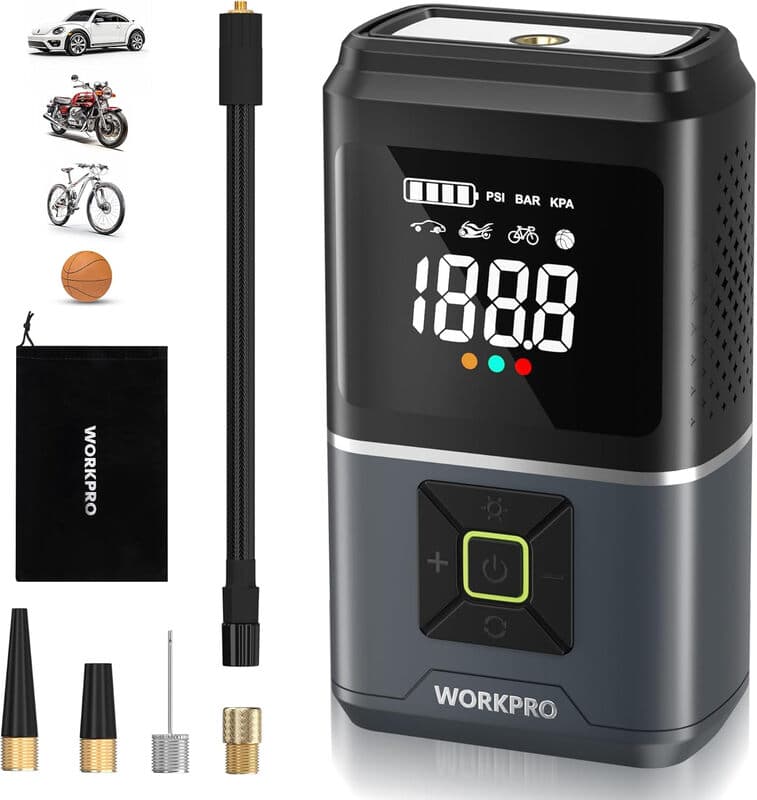 WORKPRO Elektrische Luftpumpe 150 PSI (10,3 bar), Akku-Luftkompressor 7,2 V 2500 mAh, Kabellose tragbare Reifenpumpe mit Digitalanzeige und
