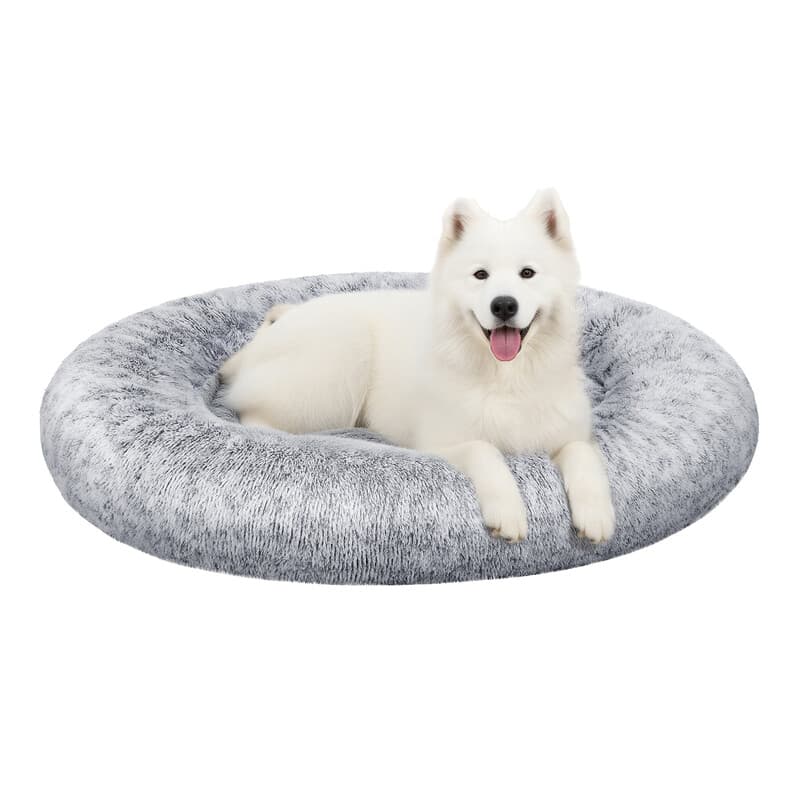Flauschiges Hundebett, Katzenbett, Donut-Kissen, waschbar, herausnehmbare Mittelpolsterung, langfloriger Plüsch, 120 cm Durchmesser, Ombre-Grau