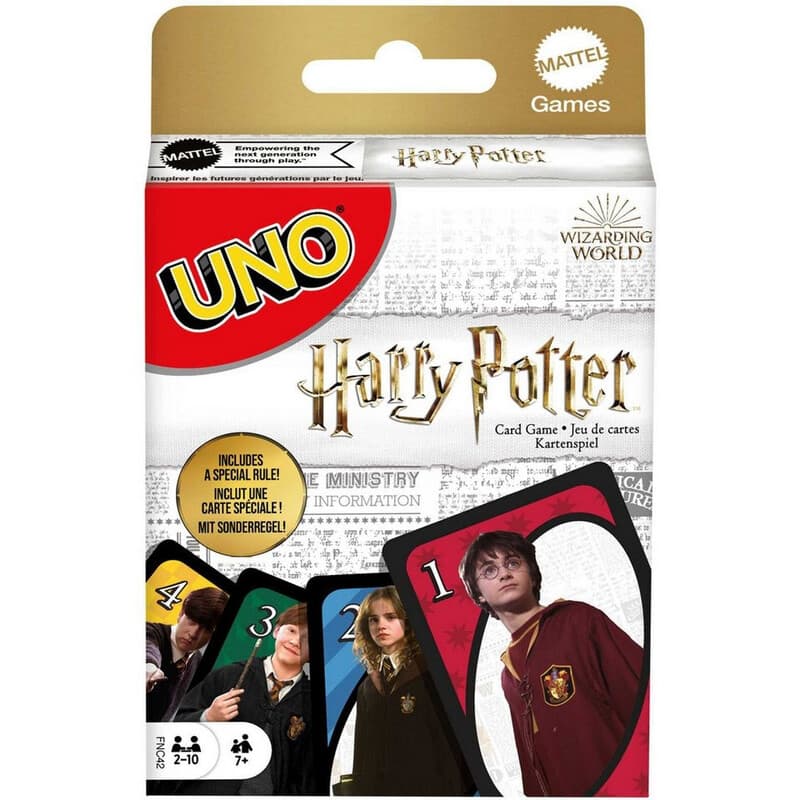UNO Harry Potter - Kartenspiel mit beliebten Charakteren aus der magischen Welt von Hogwarts - mit spezieller Regelkarte und Sprechendem Hut -