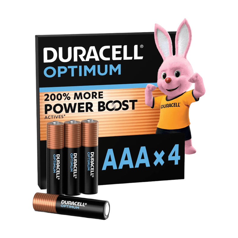 DURACELL Optimum Lot de 4 piles AAA alcalines 1,5 V, +200 % d’actifs Power Boost, répondent aux exigences des appareils modernes, 100 %