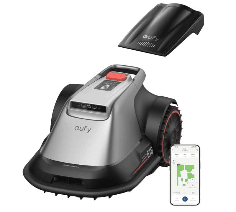 Tondeuse Robot eufy E18, sans Fil Périphérique/RTK/Perte de Signal. TrueVision + GNSS pour pelouses jusqu'à 1200 m². Tonte précise des bordures,