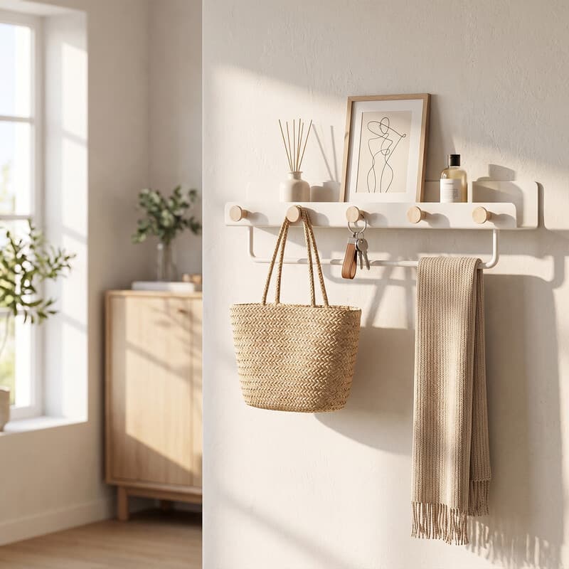 kapanou Schwebende Wandregale mit Rand, Kleiderhaken und Handtuchhalter, Wandregal mit natürlicher Holzmaserung für Badezimmer, Schlafzimmer,