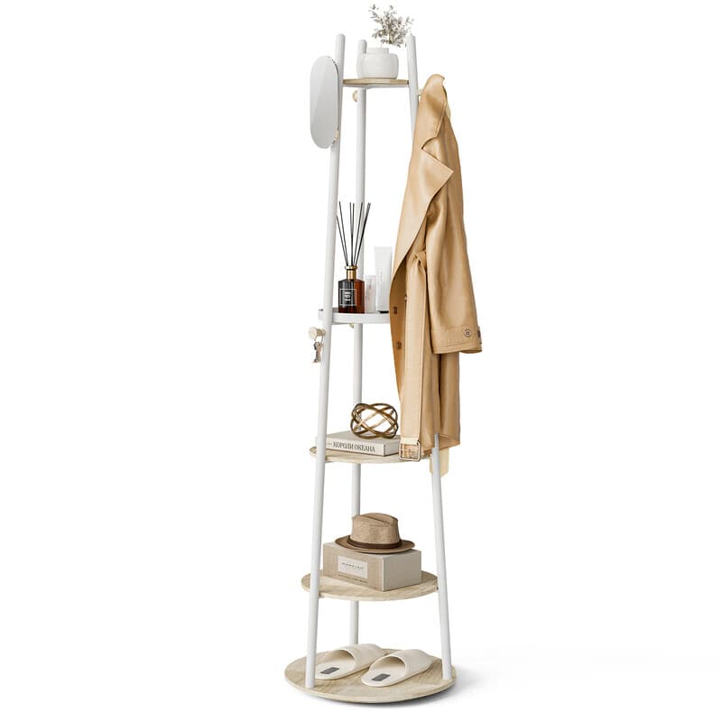 KAPANOU Drehbarer Stand-Kleiderständer mit Coat Tree, 6 Haken und 5 Ablagen für Eingangsbereich und Schlafzimmer (weiß), Neu-Jahr-Verkauf,