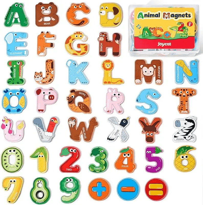Alphabet- & Zahlenmagnete aus Holz - große Ausführung, Tier-Motiv ABC, Set mit 26 Großbuchstaben und Zahlen von 0-9 für Kleinkinder,