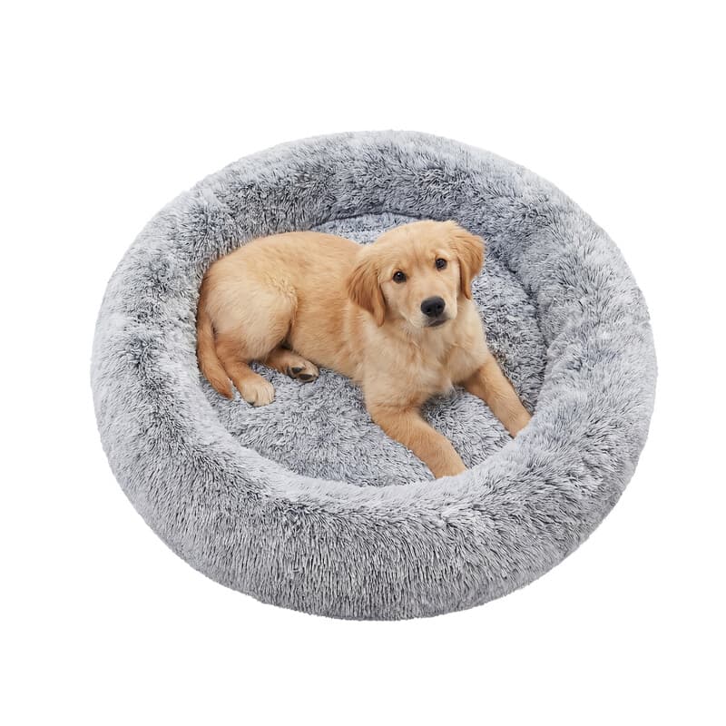 Ochama Hundebett/Sofa im Donut-Design, Herausnehmbares & Waschbares Zentrum, Weiches Plüsch-Fleece, 90 cm Durchmesser, Grau Farbverlauf