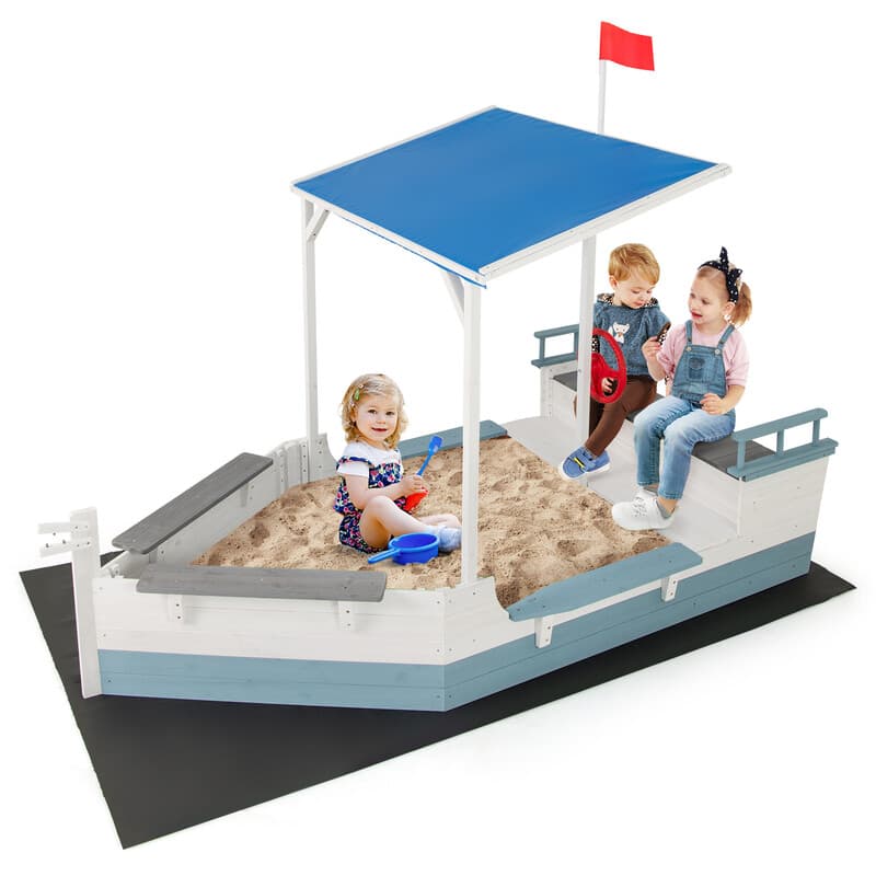 Piratenschiff-Sandspielplatz mit Dach, Flagge, Steuerrad und Sitzbank – Weiß