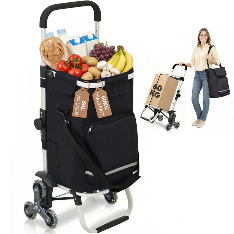 60L Einkaufstrolley Treppensteiger, 3-In-1 Klappbarer Trolley, Klappbarer Hackenporsche, Hackenporsche Mit Haken, 6 Räder & Großes