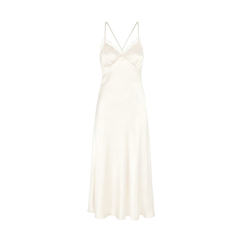 Schmales Spitzenkleid mit V-Ausschnitt in Beige, seidenähnlich, mit Trägern, Größe L