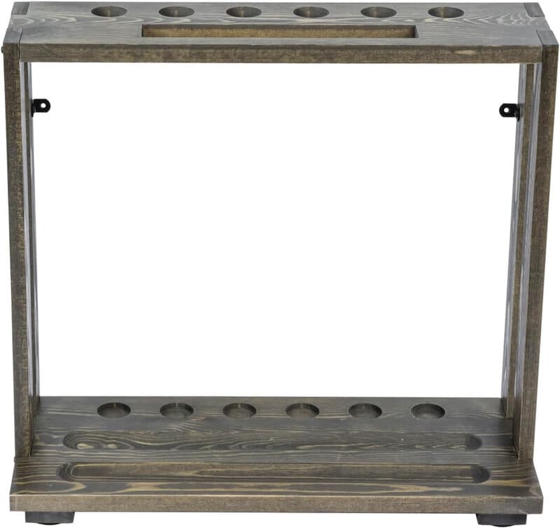 MyGift Vintage verwitterter grauer Massivholz freistehender Queuehalter mit Kugelablage und Dreieckshalterung, Billardspiel-Ausrüstungsset