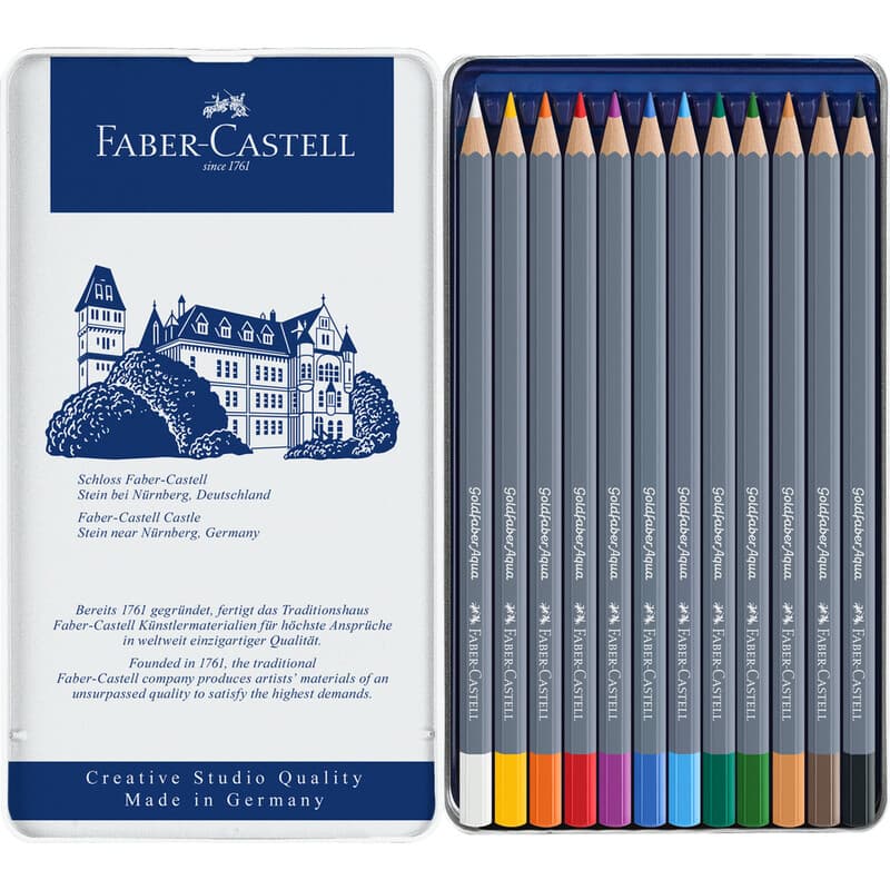 Faber-Castell Goldfaber Aqua Boîte métal de 12 crayons de couleur aquarellables