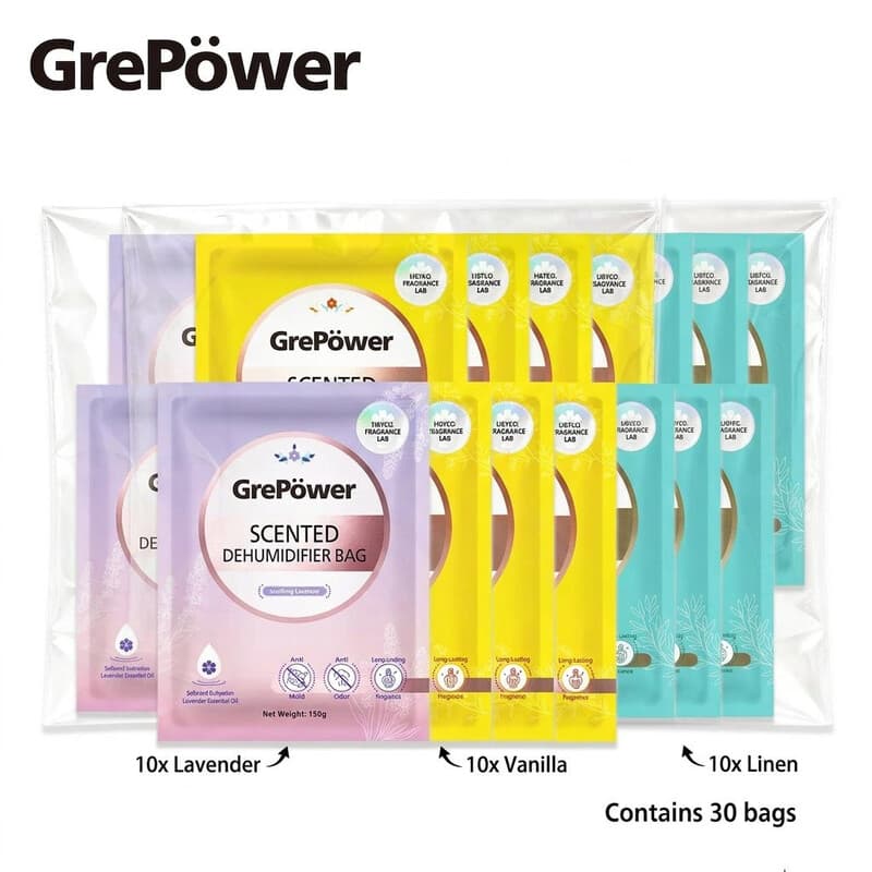 GrePower Feuchtigkeitsabsorber-Bundle – Leinen ×10 Beutel + Lavendel ×10 Beutel + Vanille ×10 Beutel (30 Beutel insgesamt)