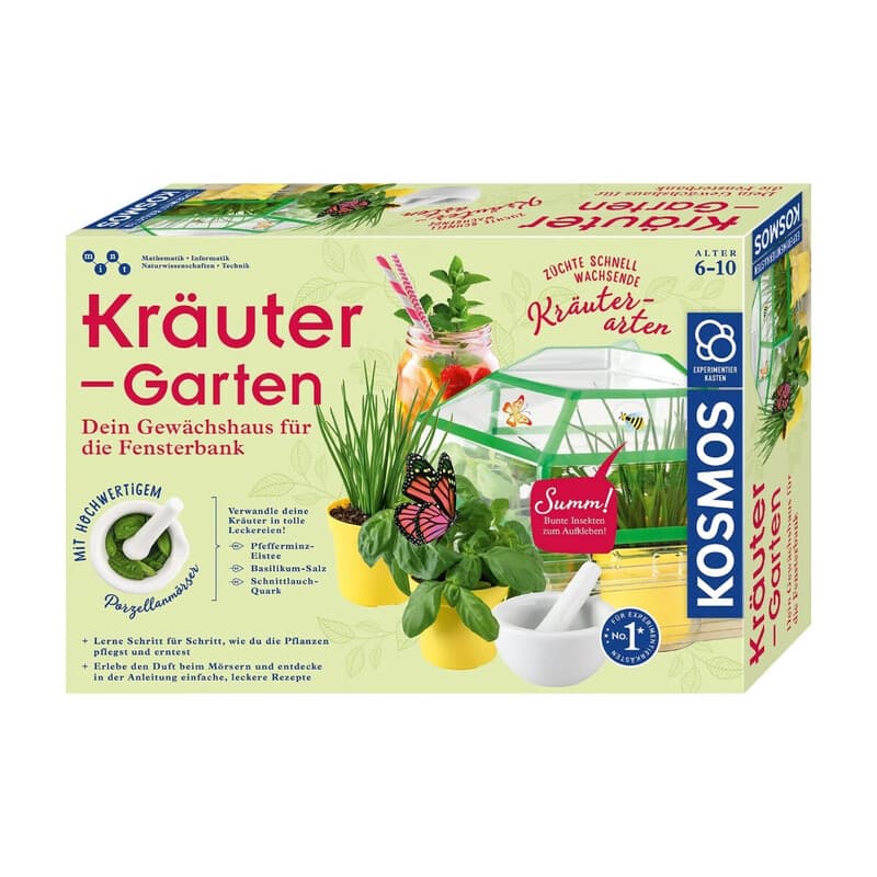 KOSMOS 632090 Kräutergarten, Duftende Kräuter auf der Fensterbank anbauen, mit Gewächshaus und Porzellanmörser, Experimentierkasten für Kinder ab