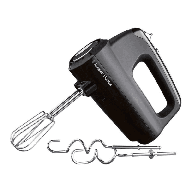 Russell Hobbs Handmixer mattschwarz mit 5 Geschwindigkeitsstufen, Turbofunktion, 2 spülfesten Schneebesen und Knethaken, Auswurftaste, aufrechte