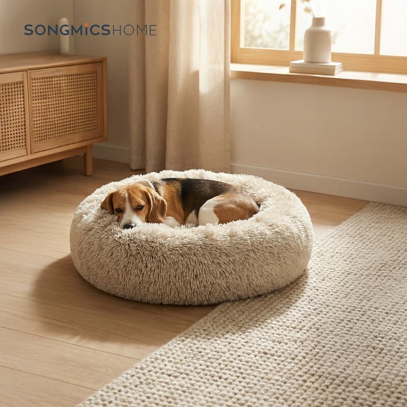 Hundebett, Katzenbett, Donut-Kissen, waschbar, abnehmbare Zentraleinlage, langes Plüschmaterial, Durchmesser 80 cm, Ombre-Khaki