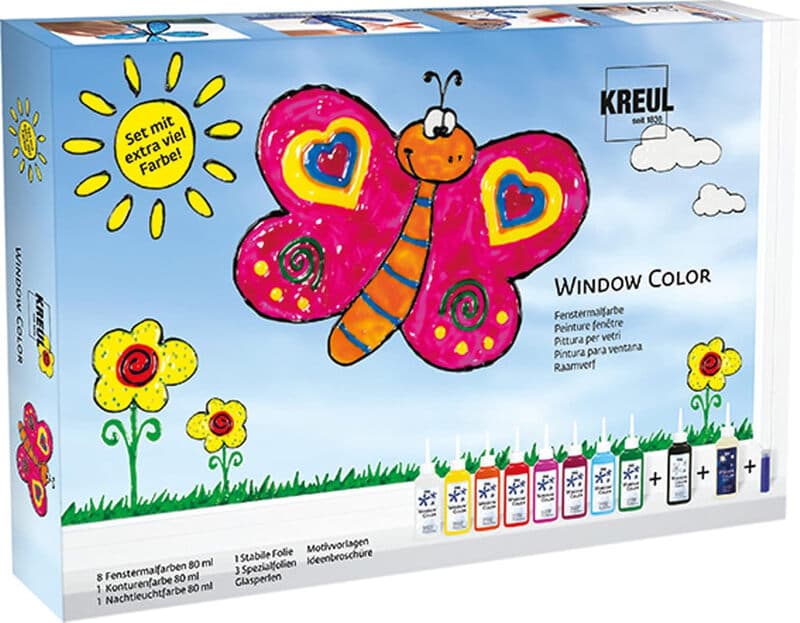 KREUL 42752 - Window Color Fensterfarben-Set, 10 x 80 ml Farben in Flaschen, inkl. Schwarzer Konturenfarbe & Leuchtfarbe, für Kinder, Folien,