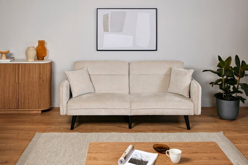 jahnke platzsparendes Schlafsofa Chillax, eleganter Stoff in Champagner, 3-fach individuell verstellbare Rückenlehne, 2 passende Zierkissen inklusive