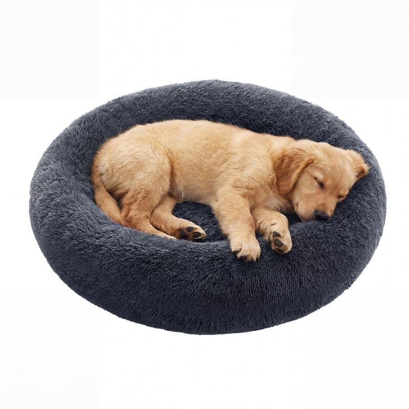 Ochama Flauschiges Hundebett, Katzenbett, Donut-Kissen, waschbar, herausnehmbares Innenkissen, langfloriges Plüsch, 100 cm Durchmesser, dunkelgrau