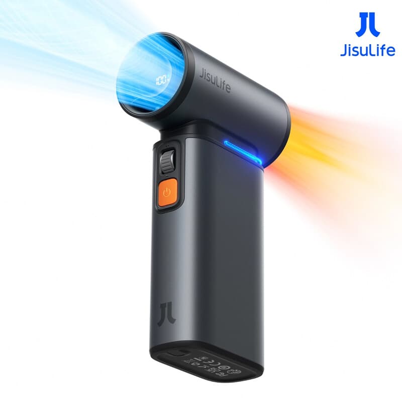 JISULIFE 2-in-1 Mini-Ventilator mit Luftstaubfunktion, Leistungsstarker Reiseventilator, Stilvoller Metall-Mini-Ventilator, Handventilatoren 1–100