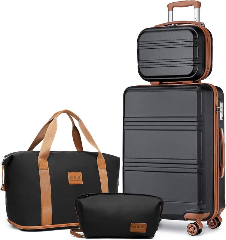 Kono Leichtes ABS-Hartschalen-Handgepäck mit TSA-Schloss, Reisekoffer-Set mit Kosmetikkoffer, Duffel-Beutel und Toilettentasche, Schwarz/Braun, 12