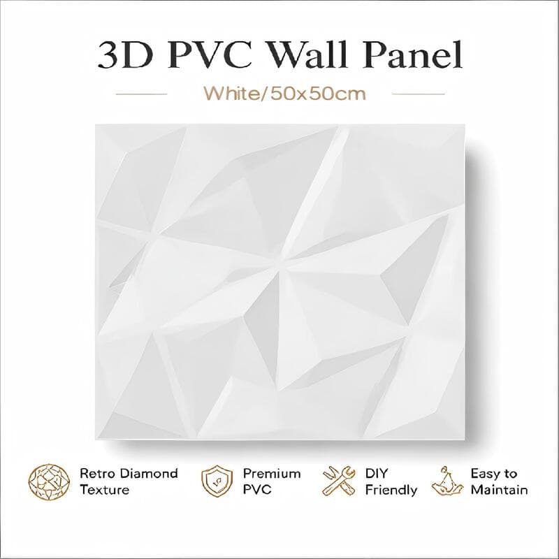 3D-Wandpaneele für Innendekoration, Antikes Diamantmuster PVC-Dekorplatten, Weiße Wandfliesen (12 Stück, 50 ×50 cm)