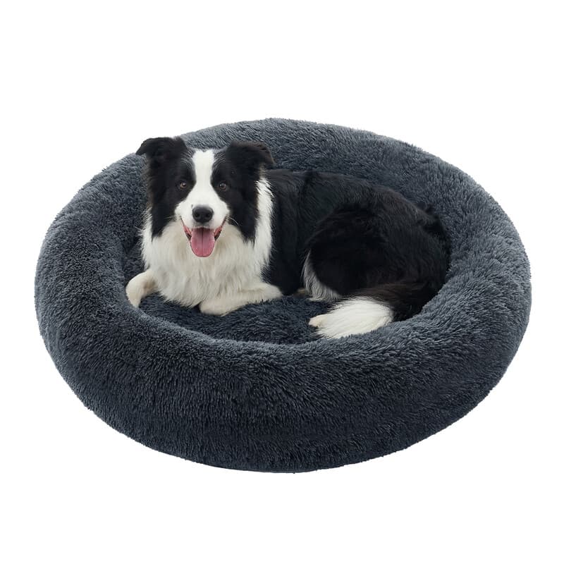 SONGMICS Flauschiges Hundebett, Katzenbett, Donut-Kissen, waschbar, herausnehmbares Innenkissen, langfloriges Plüsch, 100 cm Durchmesser, dunkelgrau
