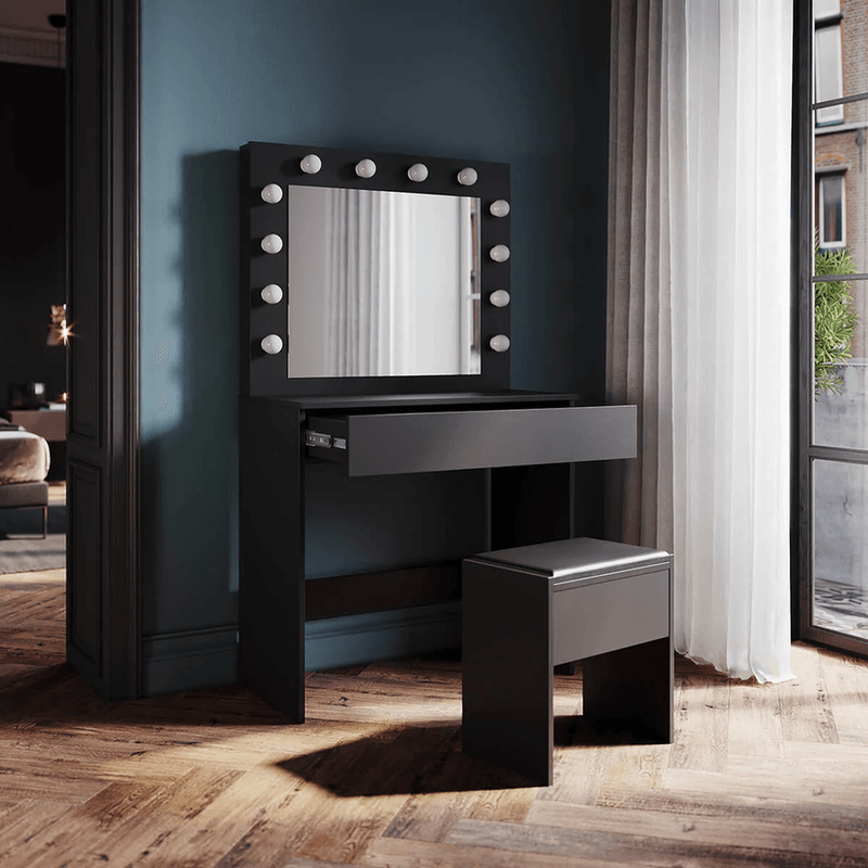 SONNI Schminktisch mit Hocker und Spiegel, Schminktisch mit Schubladen aus MDF und Massivholz, einfache Montage