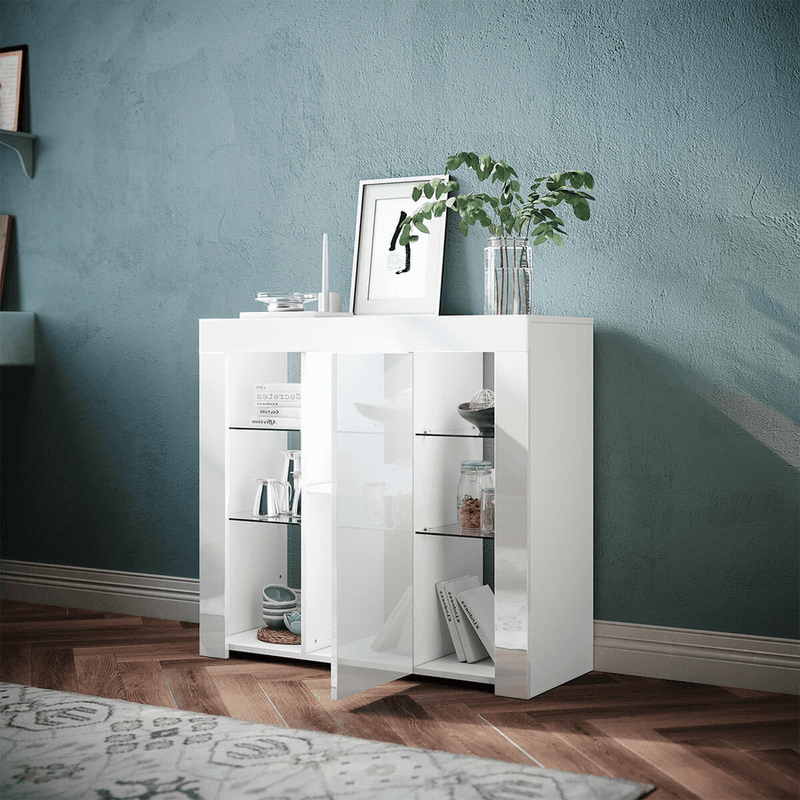 SONNI Weißes Hochglanz-Sideboard mit Stauraum und einstellbarer 12-Farben-LED-Beleuchtung