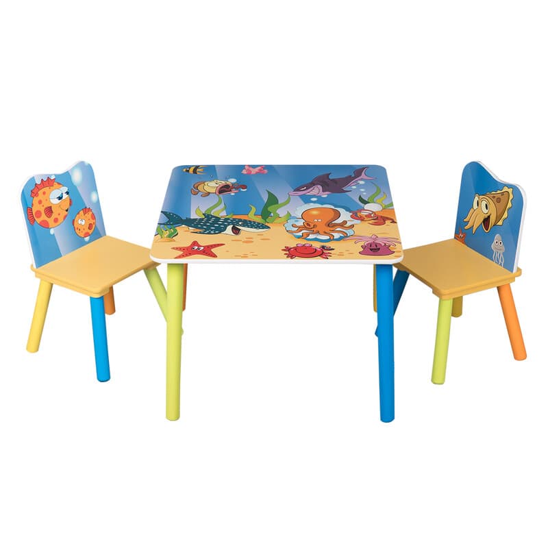 WOLTU Kindertisch mit 2 Stühlen, aus MDF, sicher, mit Meeresmotiv, abgerundete Ecken, für Kinderzimmer und Kindergarten