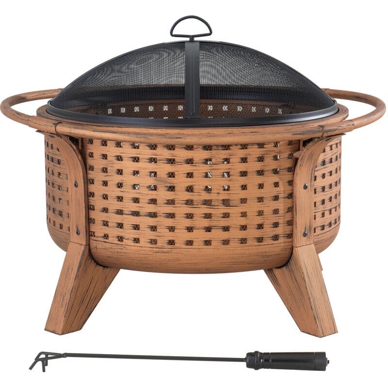 SUNJOY MAZAMA Φ76 cm gewebter runder Feuerspender, großes Feuerschalen-Design, Komplettset: inklusive Feuerzange und Edelstahl-Sparkschutznetz