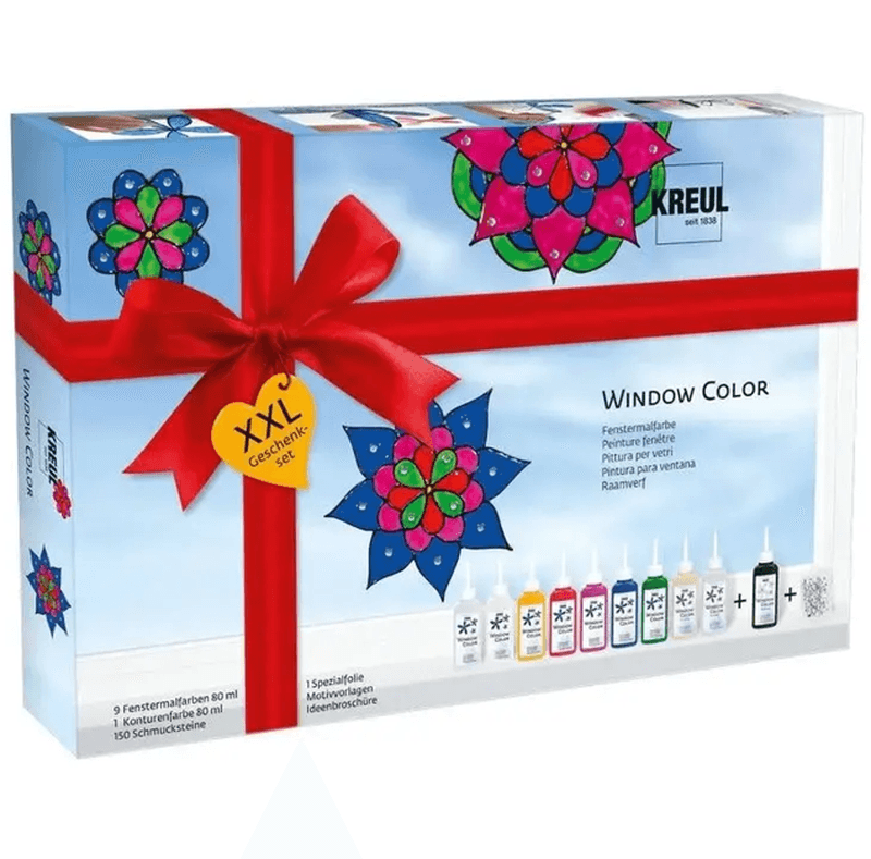 KREUL 42849 - Fensterfarben-XXL-Set, 10 x 80 ml Fensterfarbe, inkl. 80 ml Konturenfarbe, Spezialfolie, 150 Dekosteinen und Vorlagen mit Blumen und