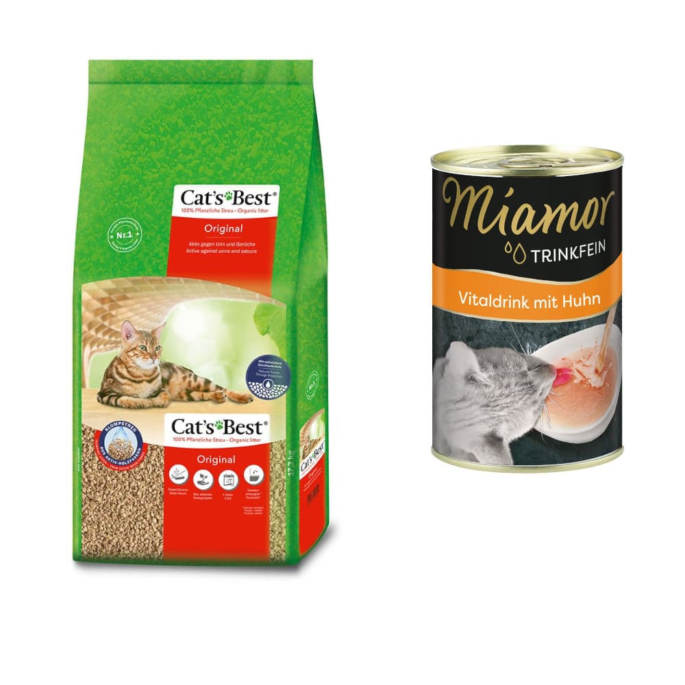 40L Cat's Best Original (environ 17,2 kg) Litière pour chat + 135ml Boisson Miamor Trinkfein