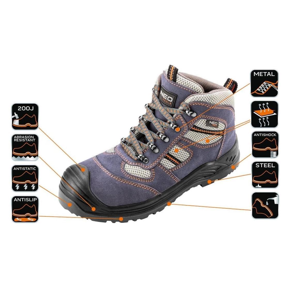 Neo Tools, Werkschoenen, Werkende suède enkellaarsjes, maat 43 - 82-044 (S1P, 43)