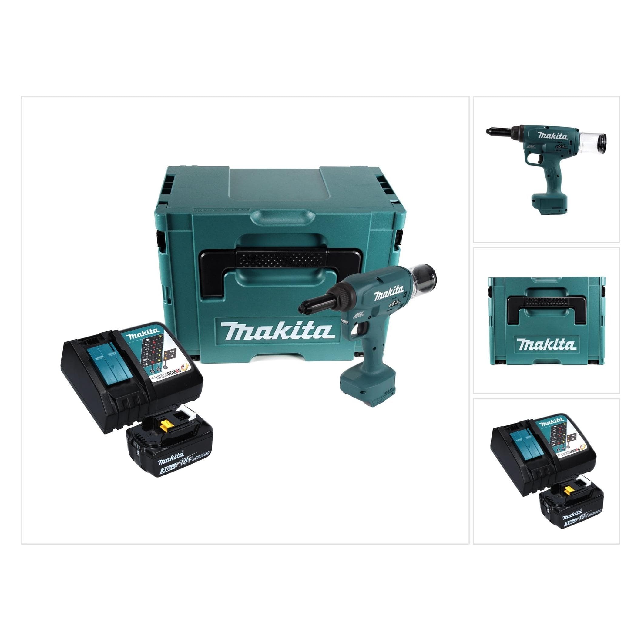 Makita, Tacker + spijkerpistool, DRV 250 RF1J Accu Blindklinknagelzetter 18 V 20 kN Borstelloos + 1x Accu 3.0 Ah + Lader + Makp