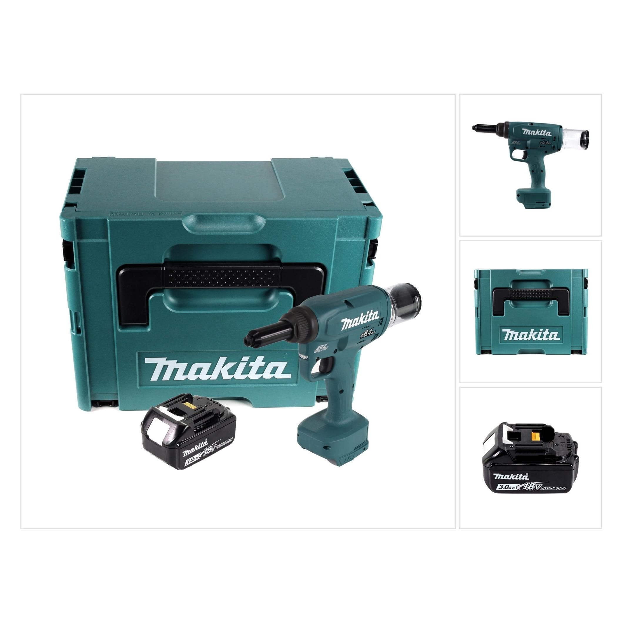 Makita, Tacker + spijkerpistool, DRV 250 F1J Accu blindklinknagelzetter 18 V 20 kN Borstelloos + 1x accu 3.0 Ah + Makpac - zonder
