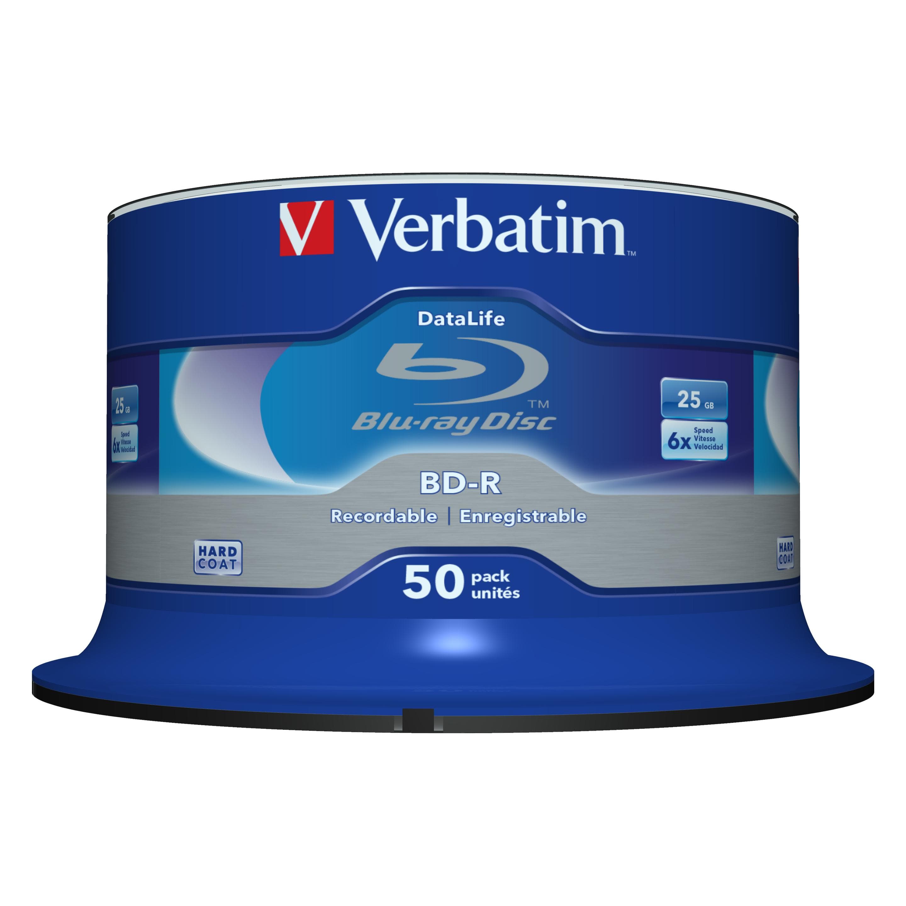 Verbatim 1x50 BD-R Blu-Ray 25GB 6x Snelheid Datalife No-ID Cakebox (50x), Optische gegevensdrager