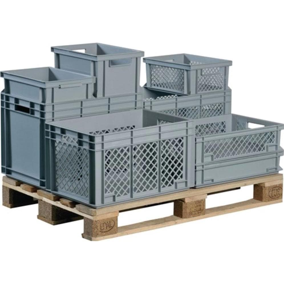 Lockweiler, Opslagcontainer, Transport stapelcontainers L600xB400xH150mm grijs PP opengewerkte zijwanden handvat