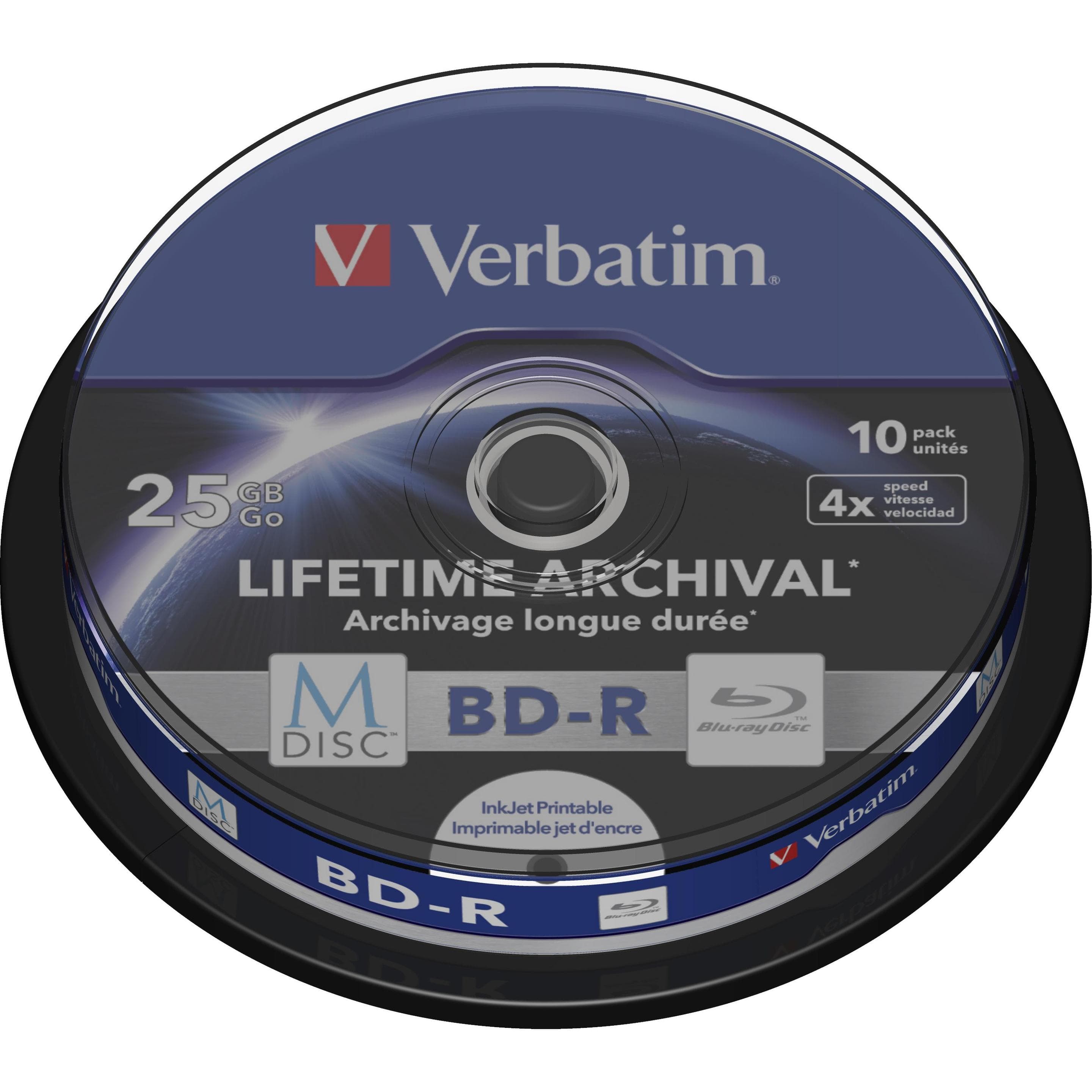 Verbatim 1x10 M-Disc BD-R BluRay 25GB 4x Speed Cakebox bedrukbaar (10x), Optische gegevensdrager