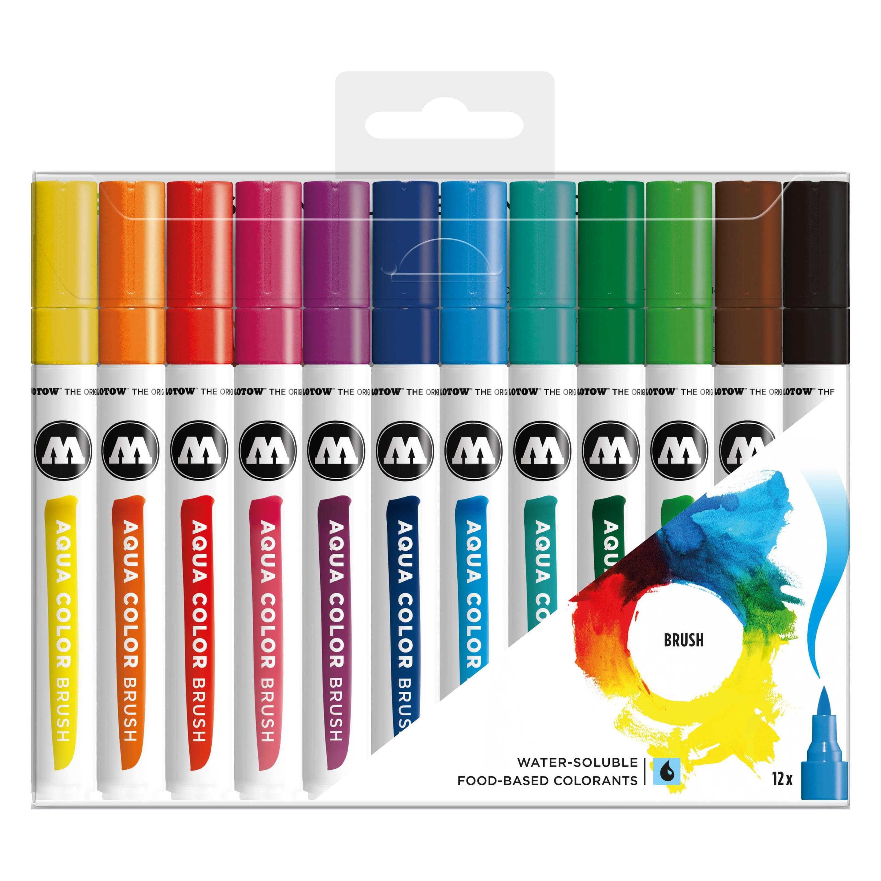 Molotow, Kleurpotloden, Aqua Colour Brush (Brush Pen Merker Basic Set 1, penseelpunt voor aquarelleren en handschilderen (12x)