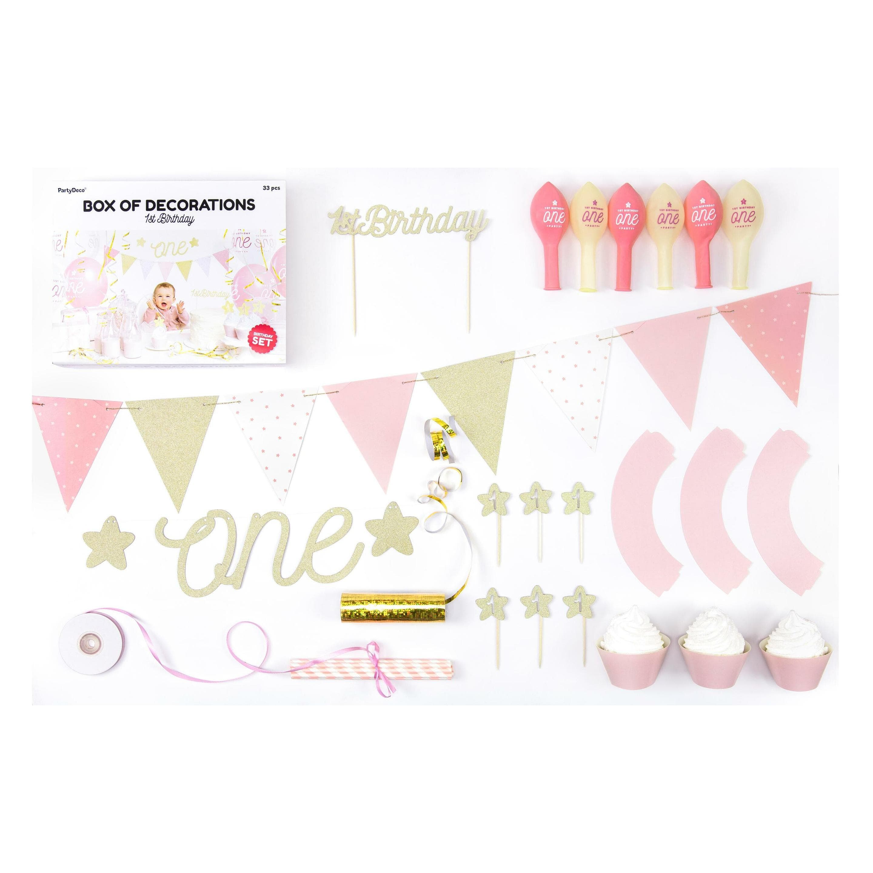 Partydeco Feestdoos 1e verjaardag meisje (9 Pcs.)